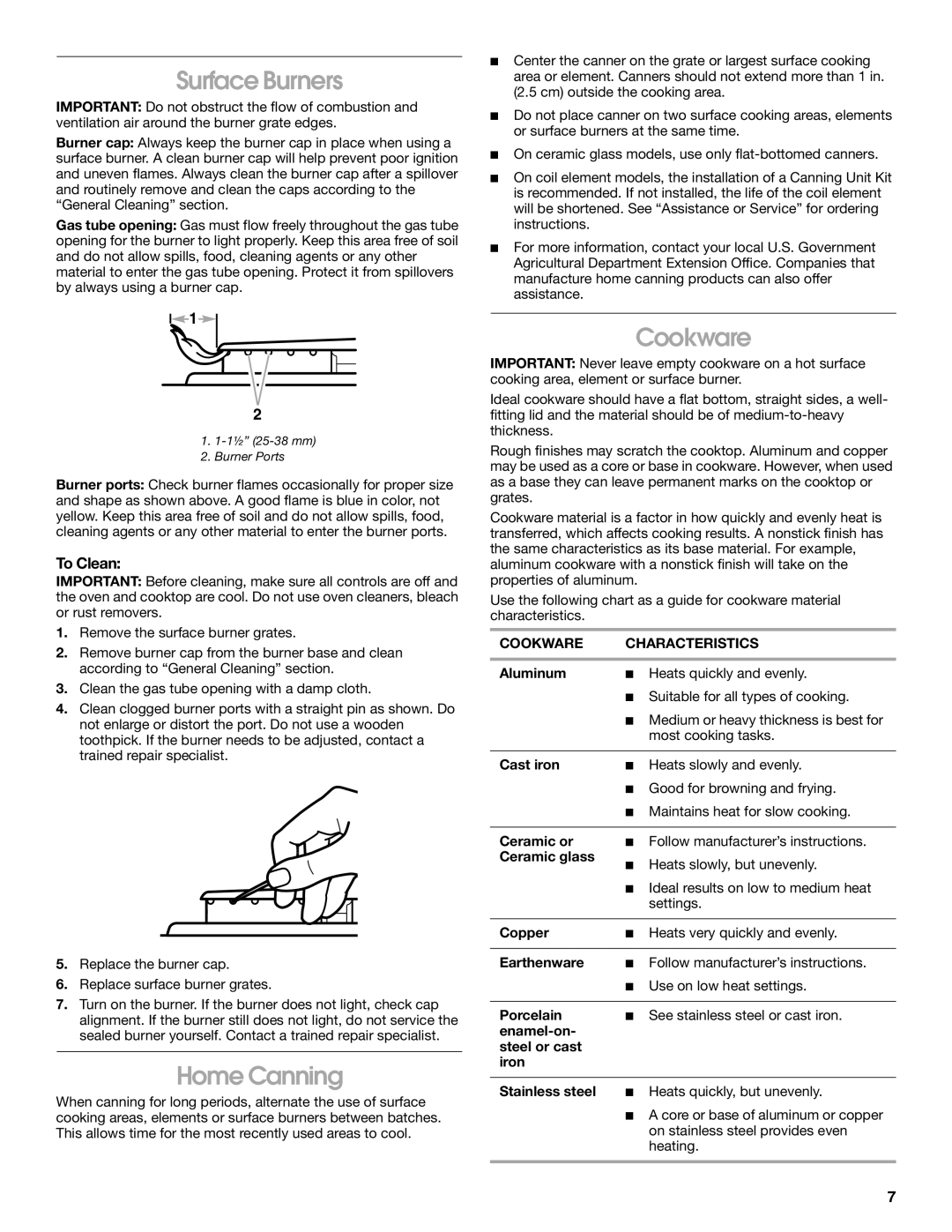 Whirlpool TGP302LW2 manual Surface Burners, Home Canning, To Clean, Cookware Characteristics 