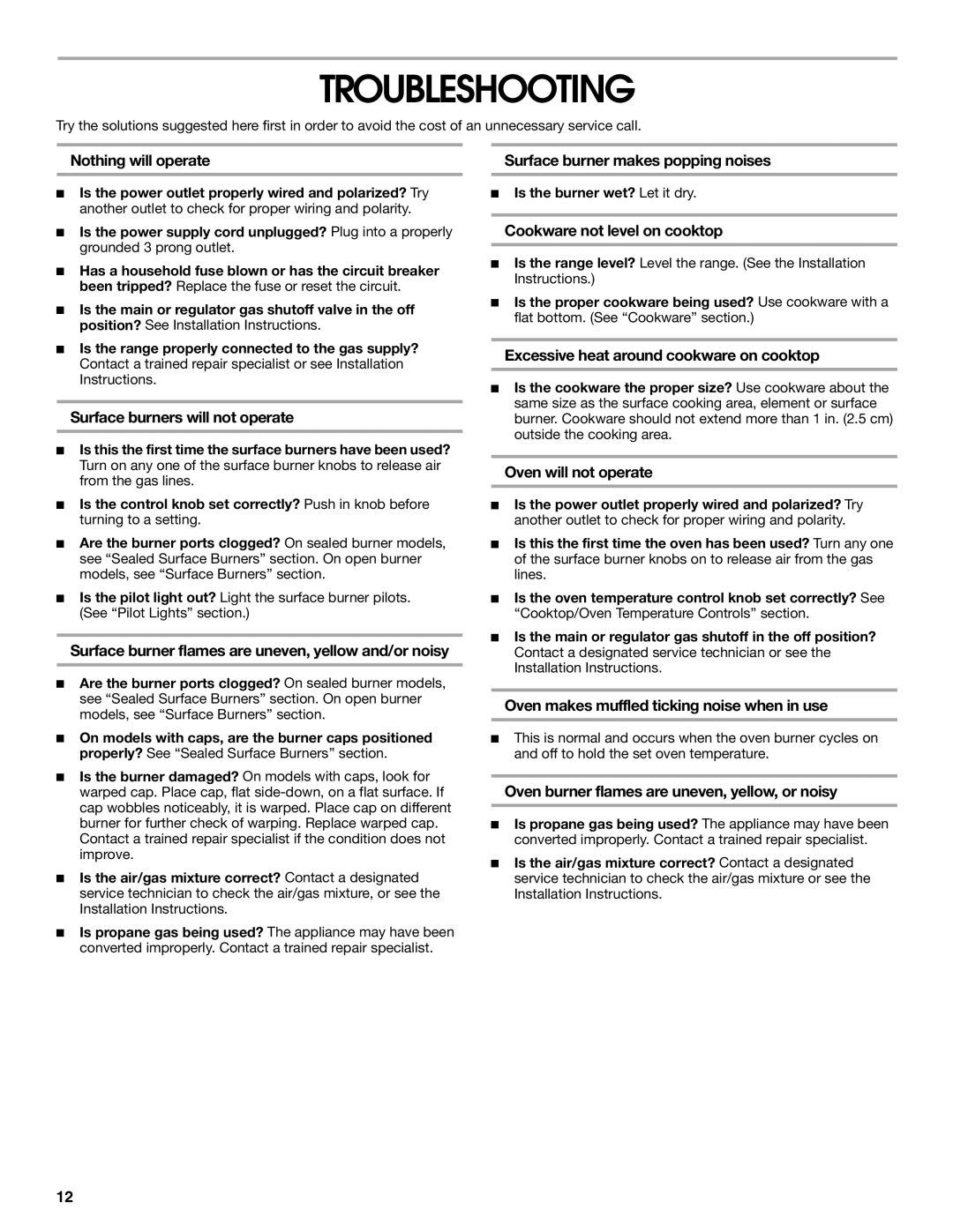 Whirlpool TGP305RV1 manual Troubleshooting 