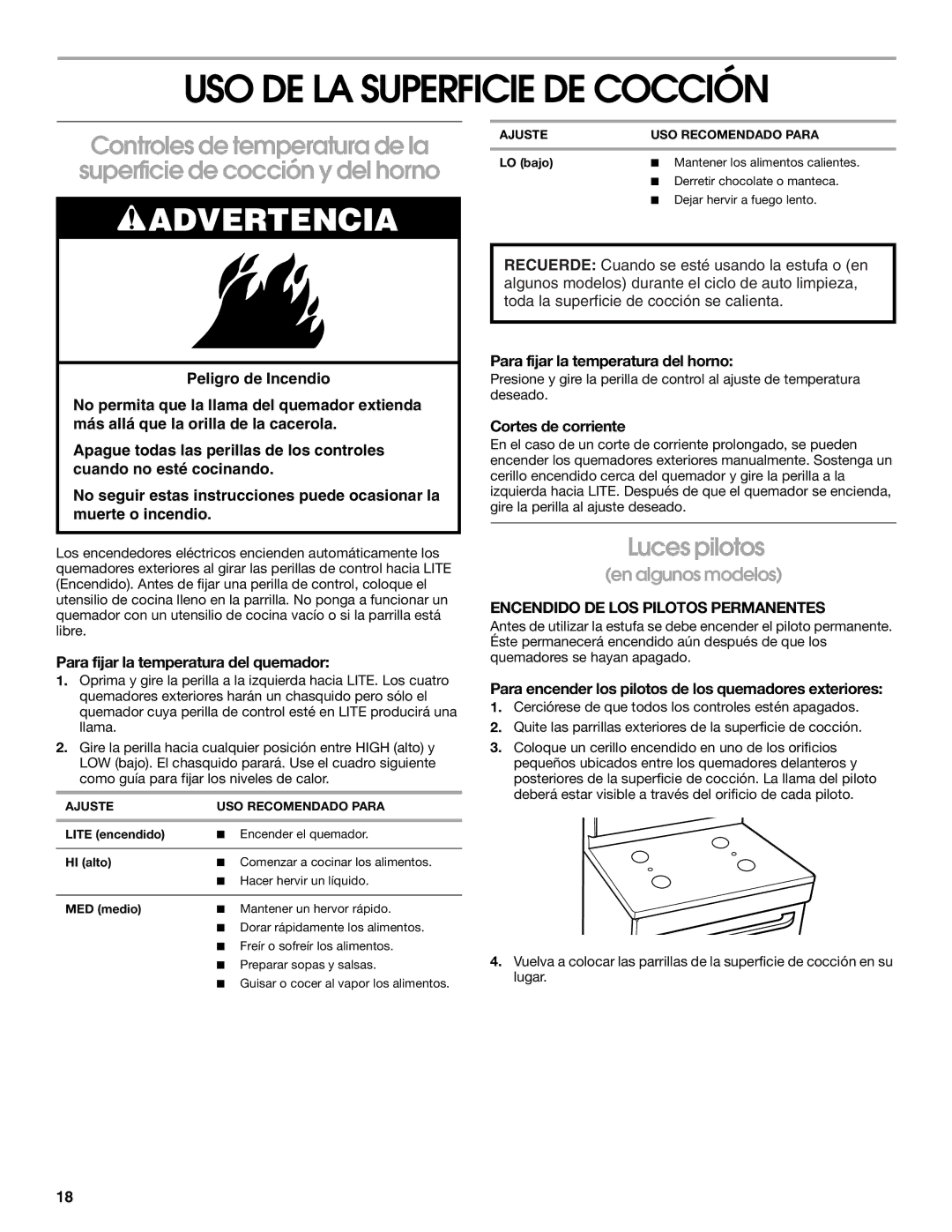 Whirlpool TGP305RV1 manual USO DE LA Superficie DE Cocción, Luces pilotos, Encendido DE LOS Pilotos Permanentes 