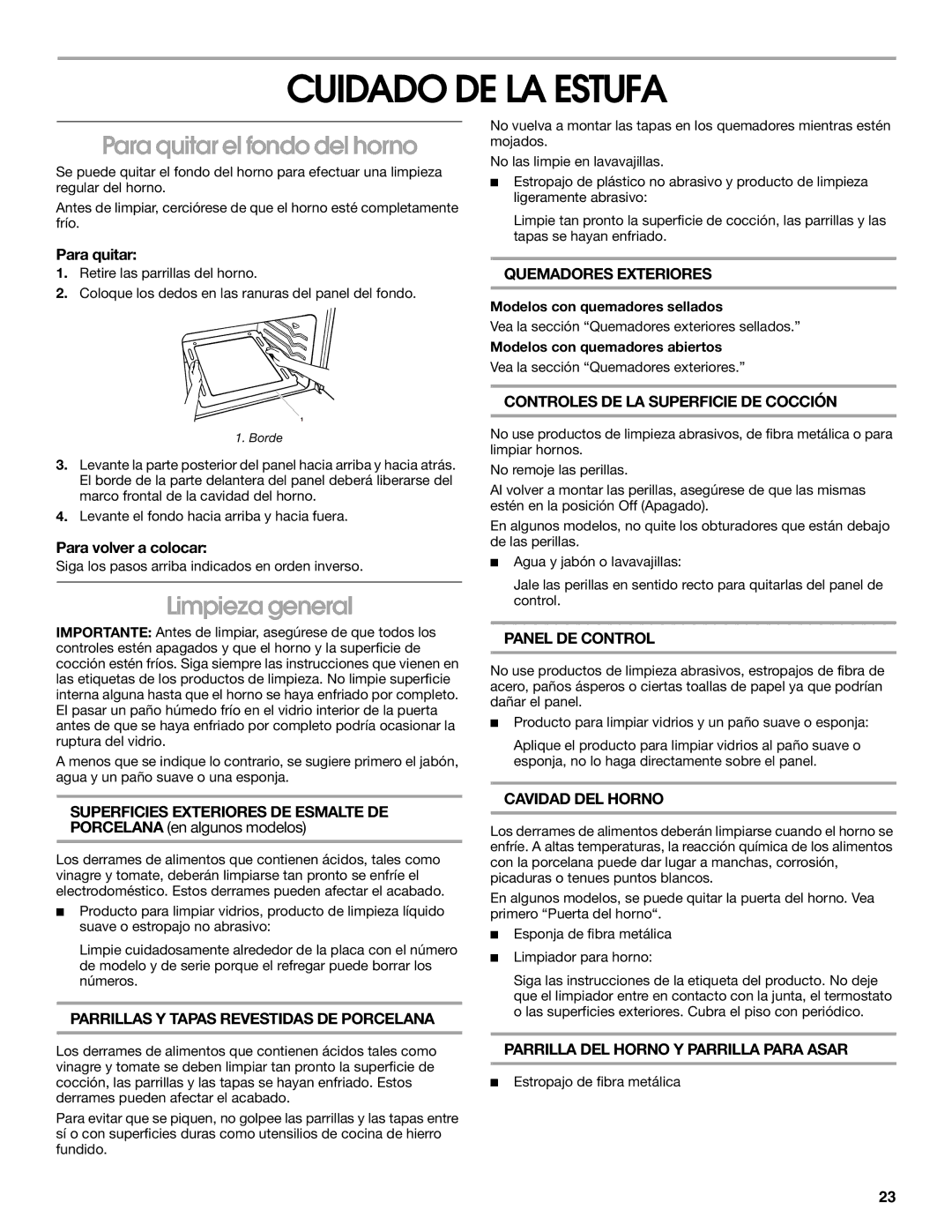 Whirlpool TGP305RV1 manual Cuidado DE LA Estufa, Para quitar el fondo del horno, Limpieza general 