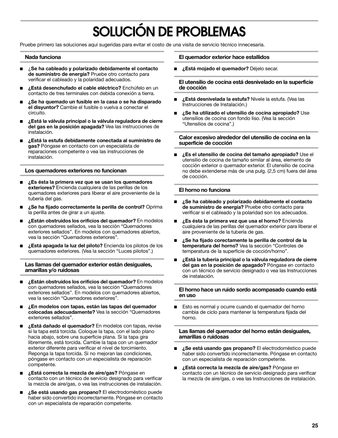 Whirlpool TGP305RV1 manual Solución DE Problemas 