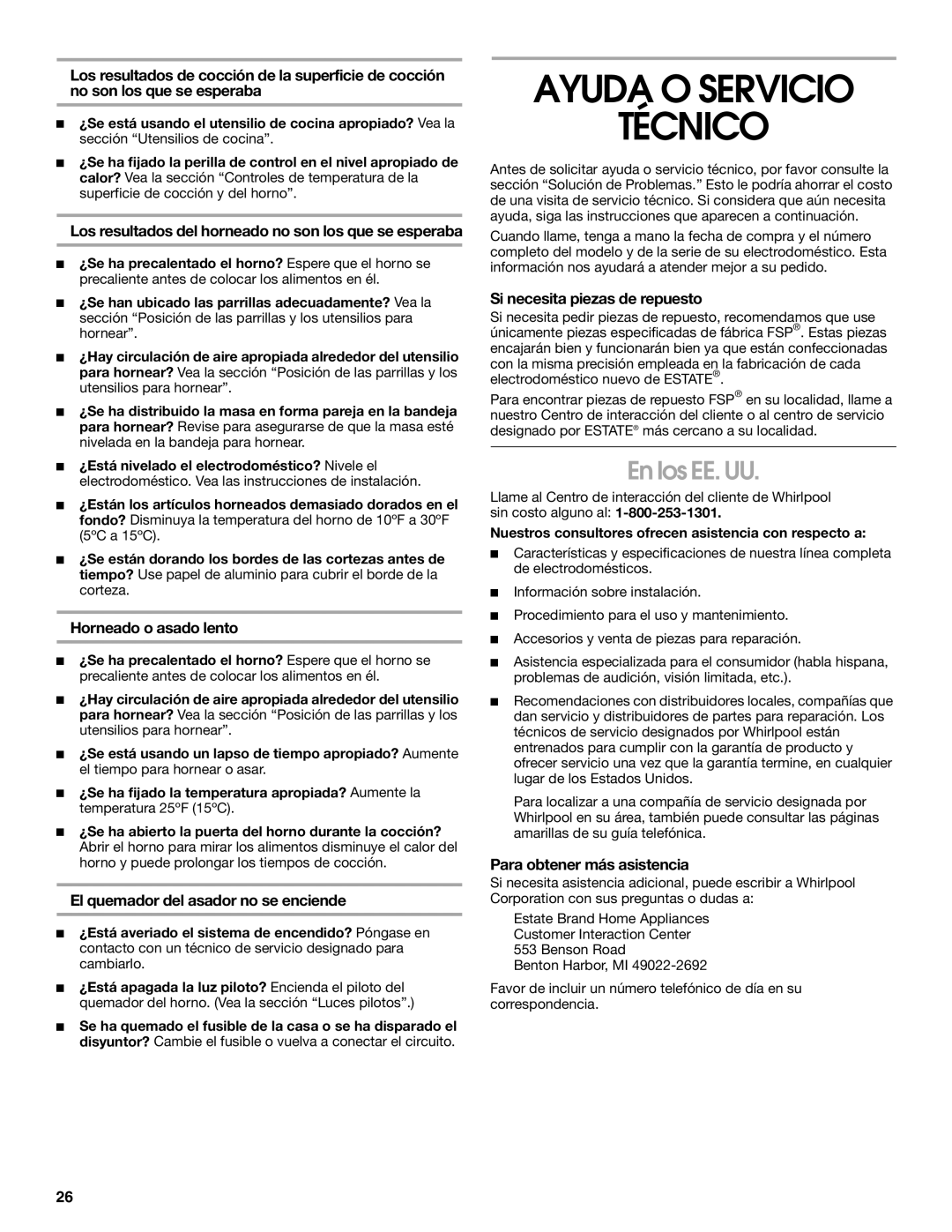 Whirlpool TGP305RV1 manual Ayuda O Servicio Técnico, En los EE. UU 