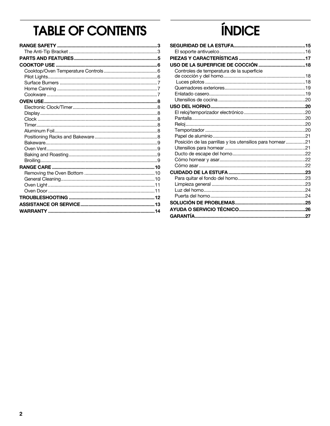 Whirlpool TGP305RV1 manual Índice, Table Of Contents 