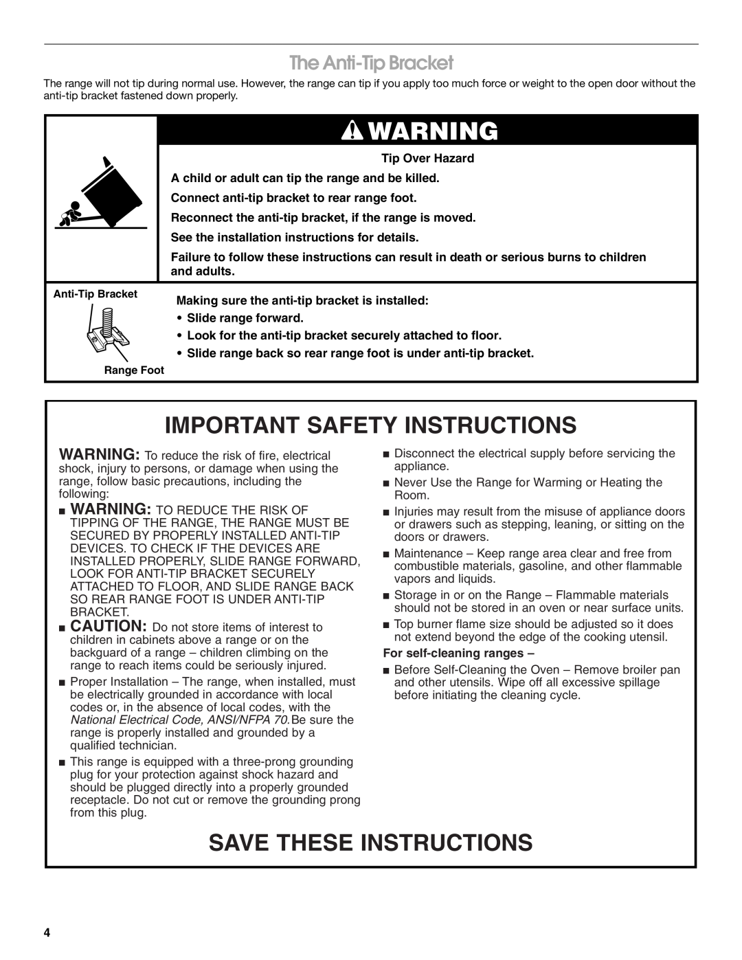 Whirlpool TGP305RV1 Important Safety Instructions, Save These Instructions, The Anti-Tip Bracket, For self-cleaning ranges 