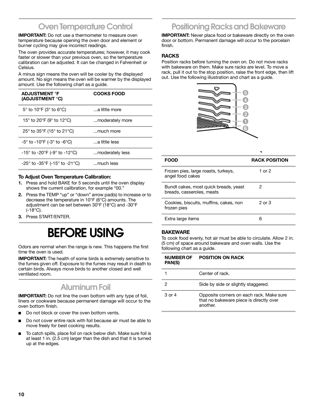 Whirlpool TGP302, TGP310, TGP325 manual Before Using, Oven Temperature Control, Aluminum Foil, Positioning Racks and Bakeware 