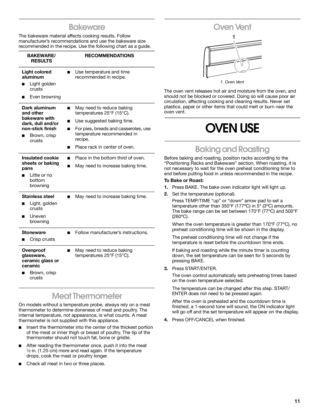 Whirlpool TGP325, TGP310, TGP302 manual Oven USE, Bakeware, Oven Vent, Baking and Roasting, Meat Thermometer 