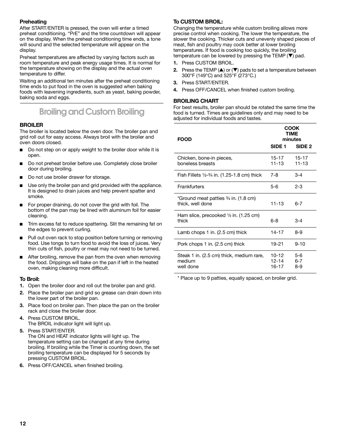 Whirlpool TGP310, TGP302, TGP325 manual Broiling and Custom Broiling, Broiler, Broiling Chart 