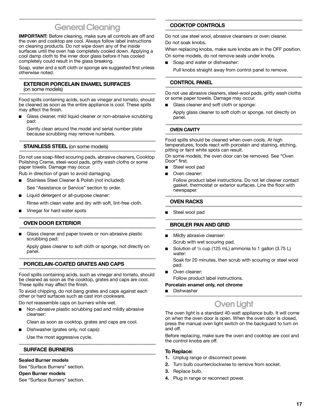 Whirlpool TGP325, TGP310, TGP302 manual General Cleaning, Oven Light 