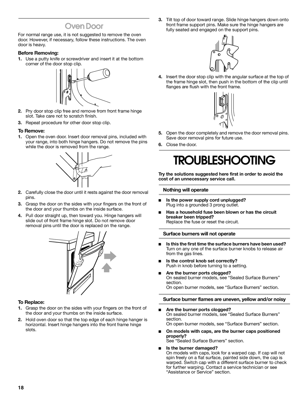 Whirlpool TGP310, TGP302, TGP325 manual Troubleshooting, Oven Door 