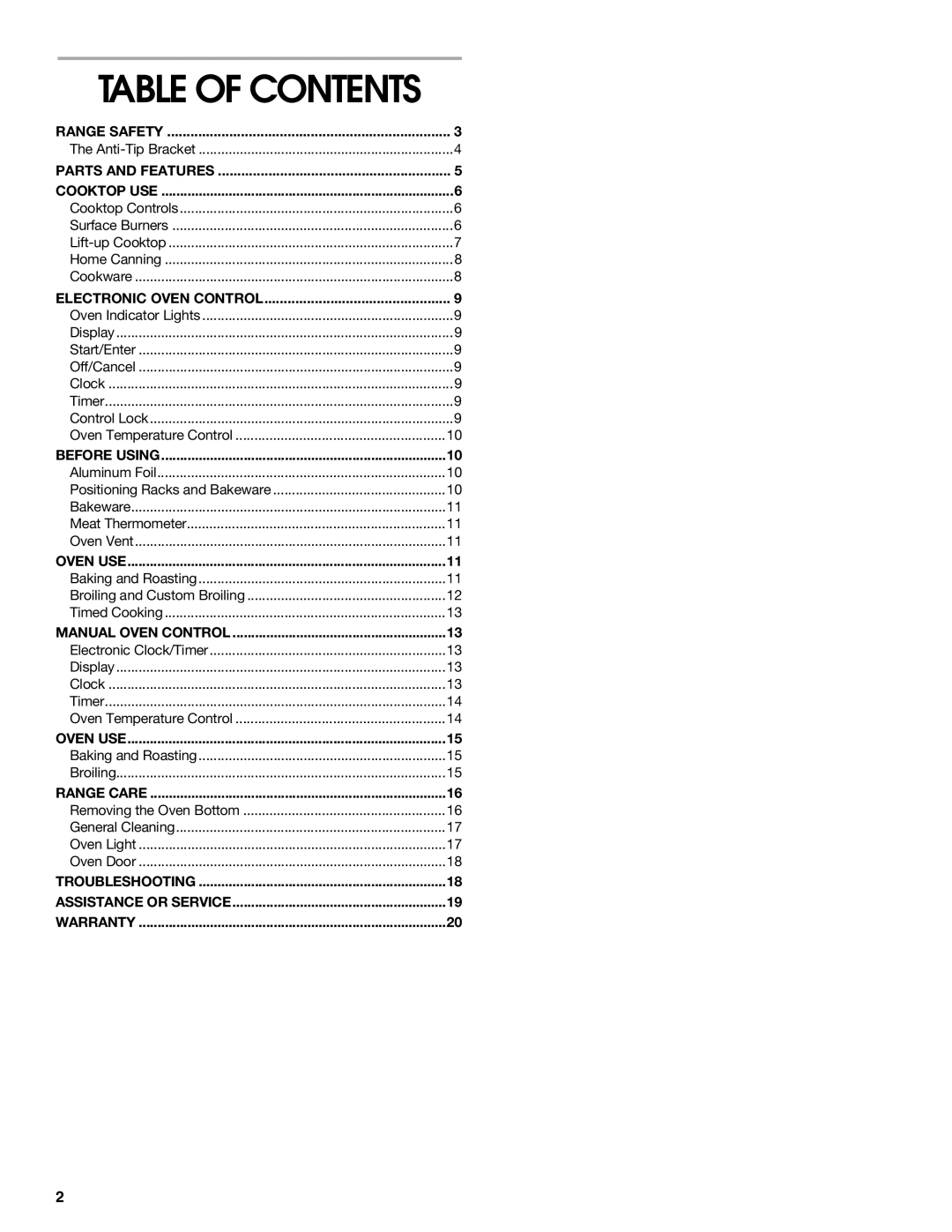 Whirlpool TGP325, TGP310, TGP302 manual Table of Contents 