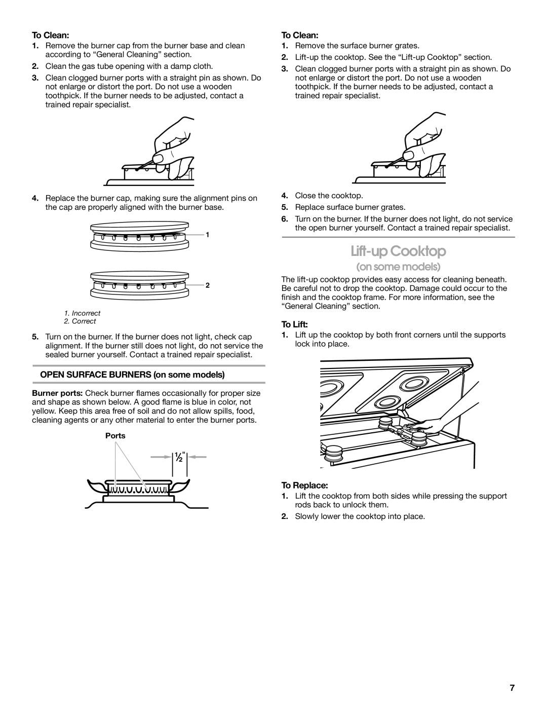 Whirlpool TGP302, TGP310, TGP325 manual Lift-up Cooktop, To Clean, Open Surface Burners on some models, To Lift, To Replace 