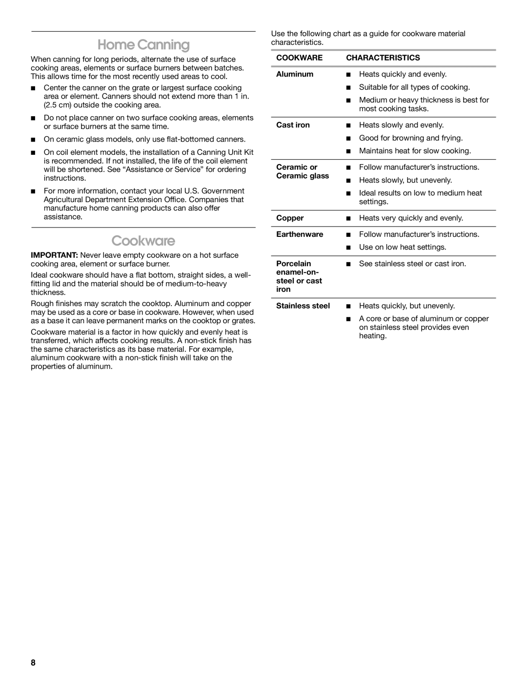 Whirlpool TGP325, TGP310, TGP302 manual Home Canning, Cookware Characteristics 