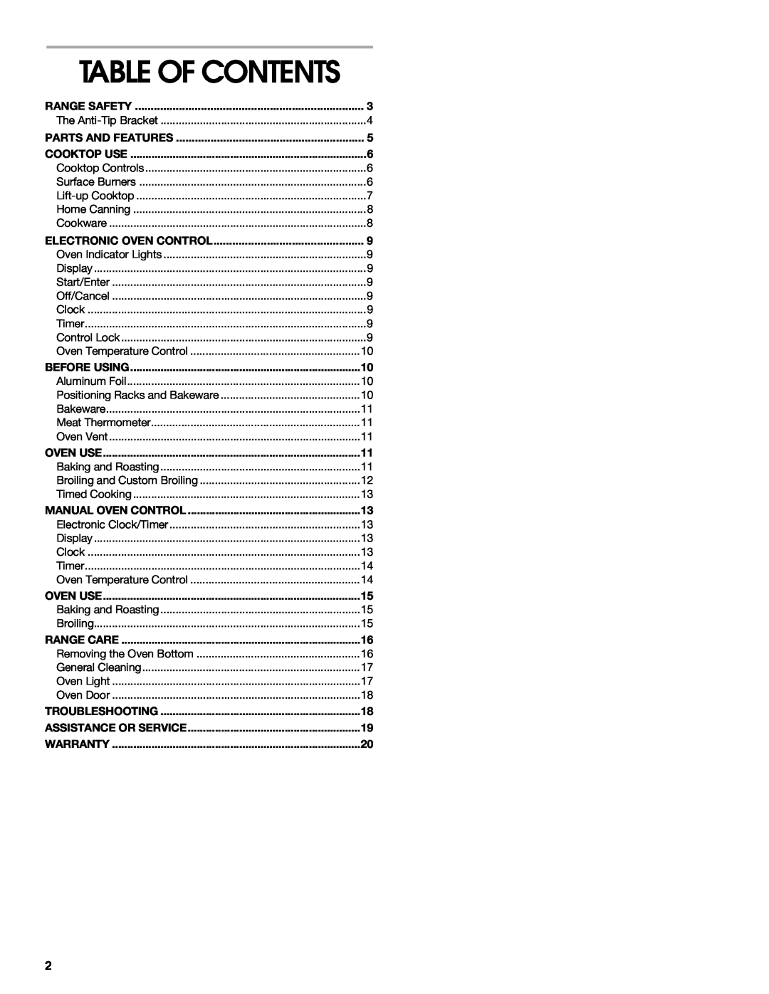 Whirlpool TGP325, TGP310, TGP302 manual Table Of Contents 