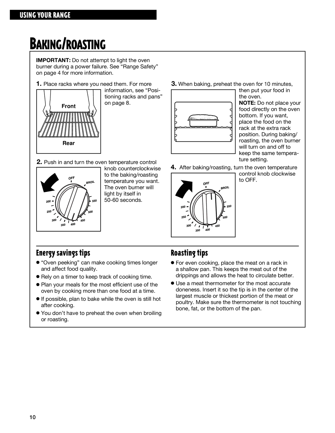 Whirlpool TGP325E manual Energy savings tips, Roasting tips 