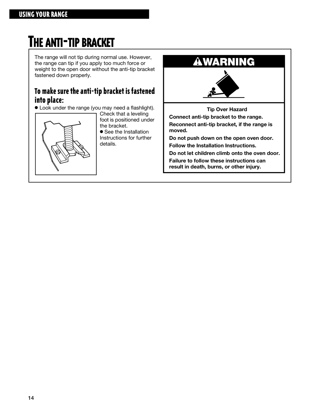 Whirlpool TGP325E manual ANTI-TIP Bracket, To make sure the anti-tip bracket is fastened into place 