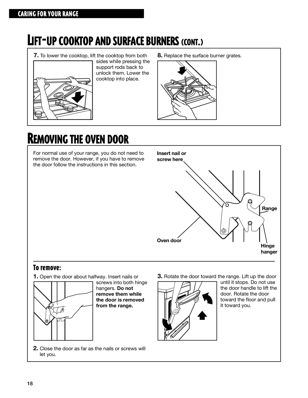 Whirlpool TGP325E manual Removing the Oven Door, To remove, Screw here, Oven door Range Hinge hanger, From the range 