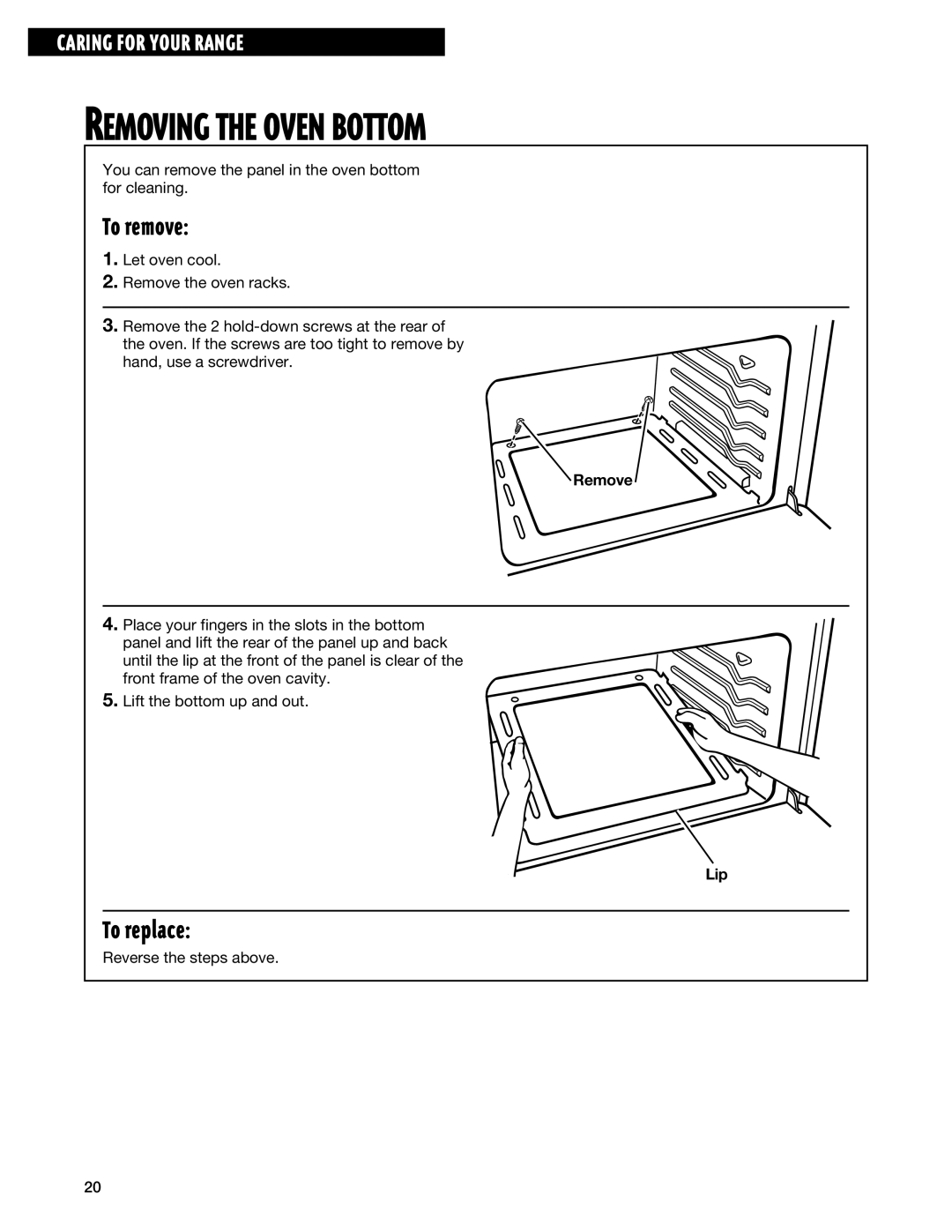 Whirlpool TGP325E manual Removing the Oven Bottom, Remove, Lip 