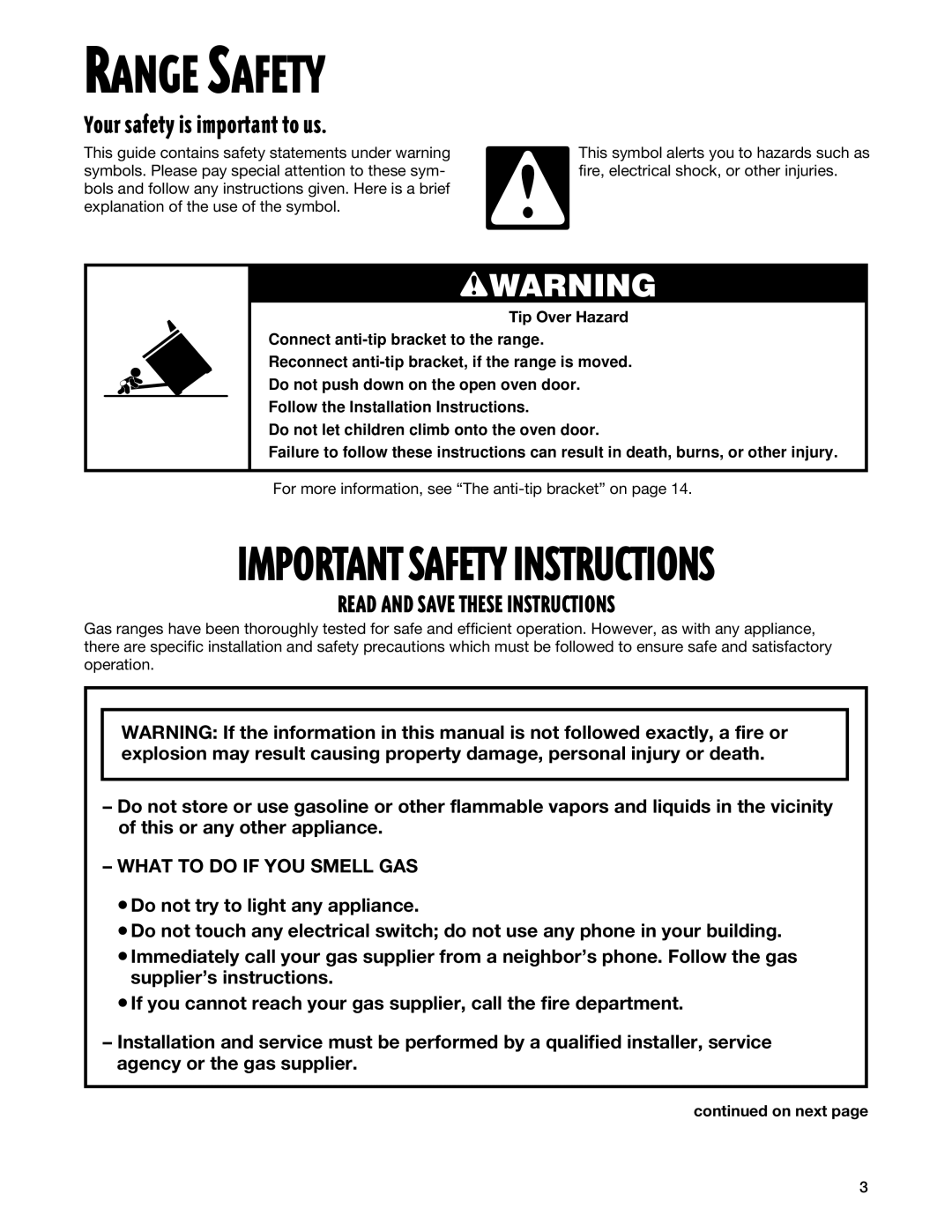 Whirlpool TGP325E manual Your safety is important to us, On next 