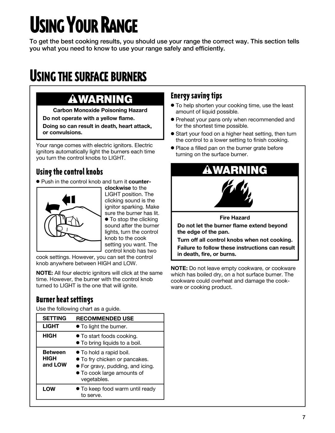 Whirlpool TGP325E manual Using the Surface Burners, Energy saving tips, Using the control knobs, Burner heat settings 