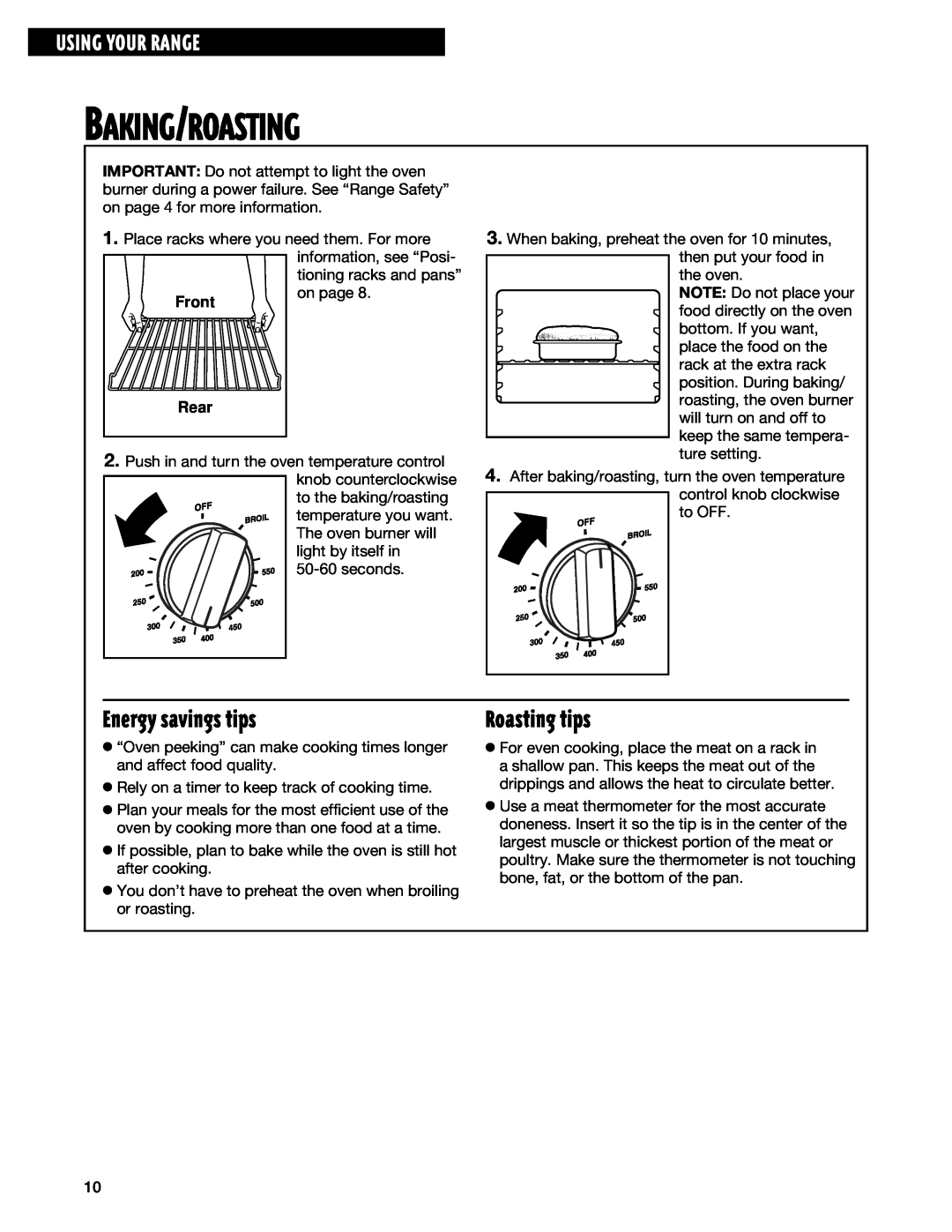 Whirlpool TGP325E manual Energy savings tips, Roasting tips, Baking/Roasting, Using Your Range, Front Rear 