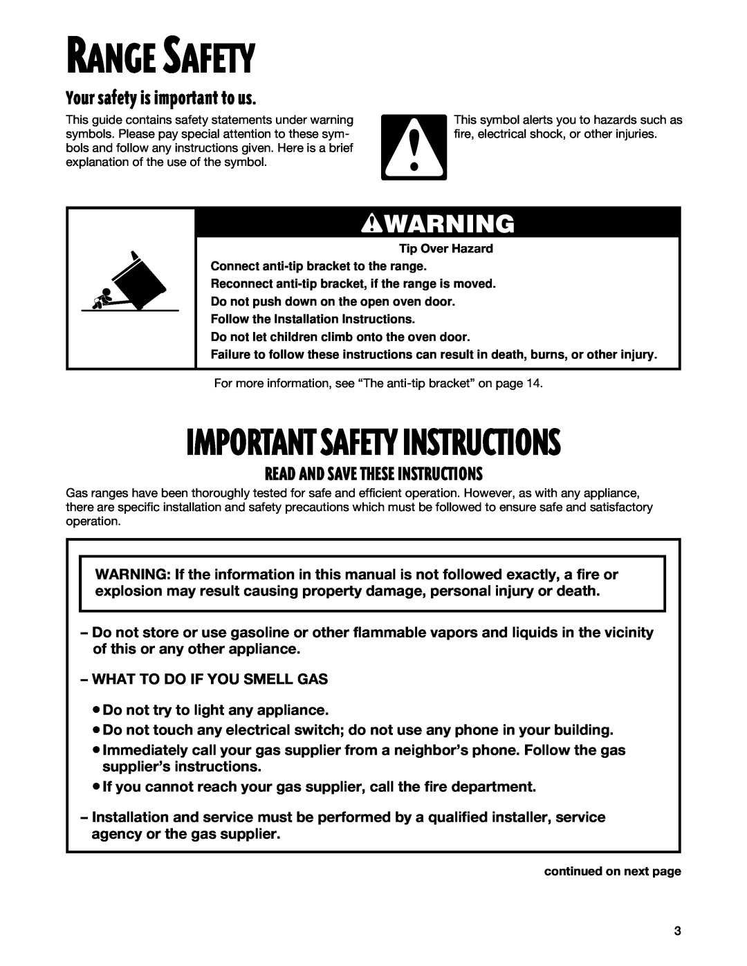 Whirlpool TGP325E manual Range Safety, Your safety is important to us, Read And Save These Instructions, wWARNING 