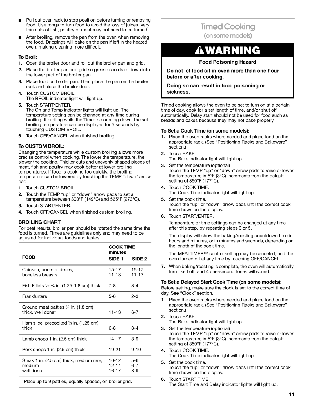 Whirlpool TGP325MQ0 manual Timed Cooking, Broiling Chart 