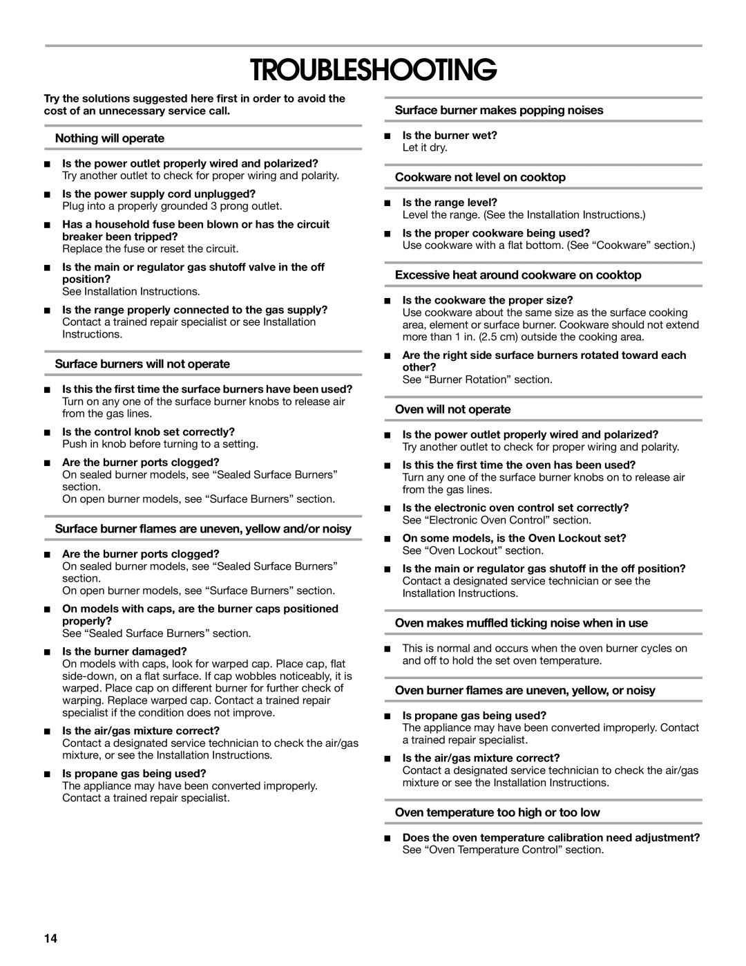 Whirlpool TGP325MQ0 manual Troubleshooting 