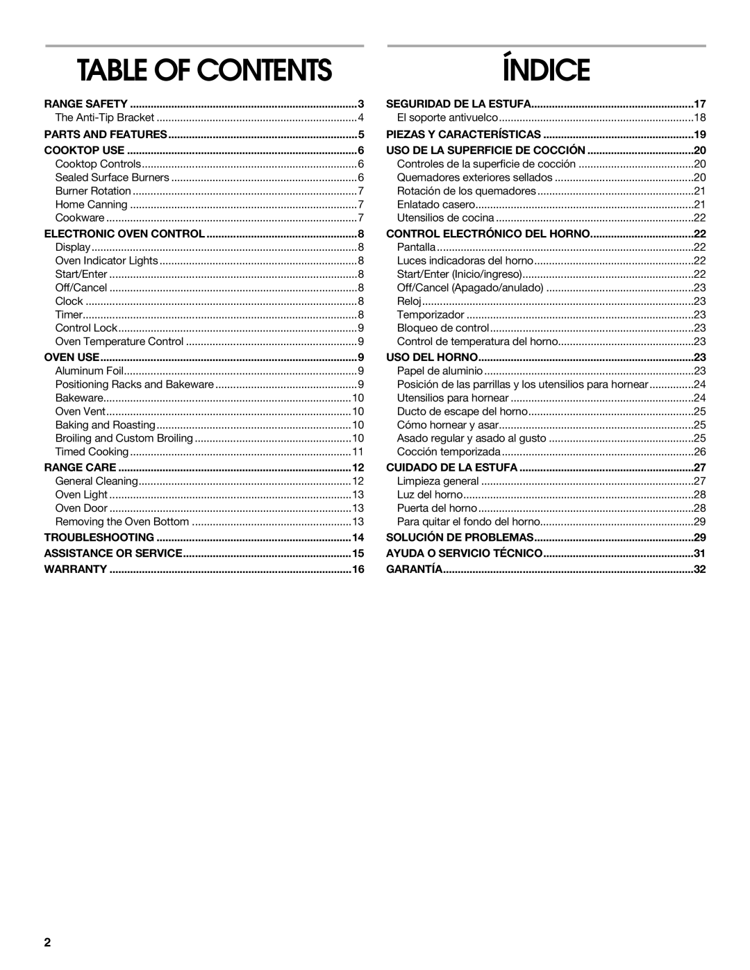 Whirlpool TGP325MQ0 manual Índice, Table of Contents 