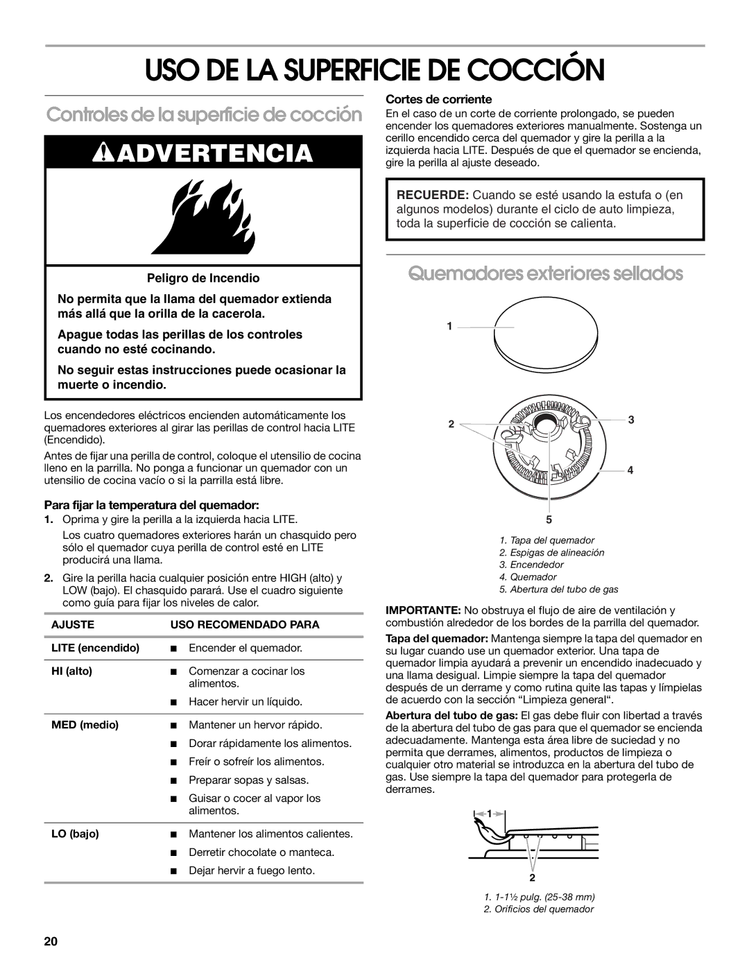 Whirlpool TGP325MQ0 USO DE LA Superficie DE Cocción, Controles de la superficie de cocción, Quemadores exteriores sellados 