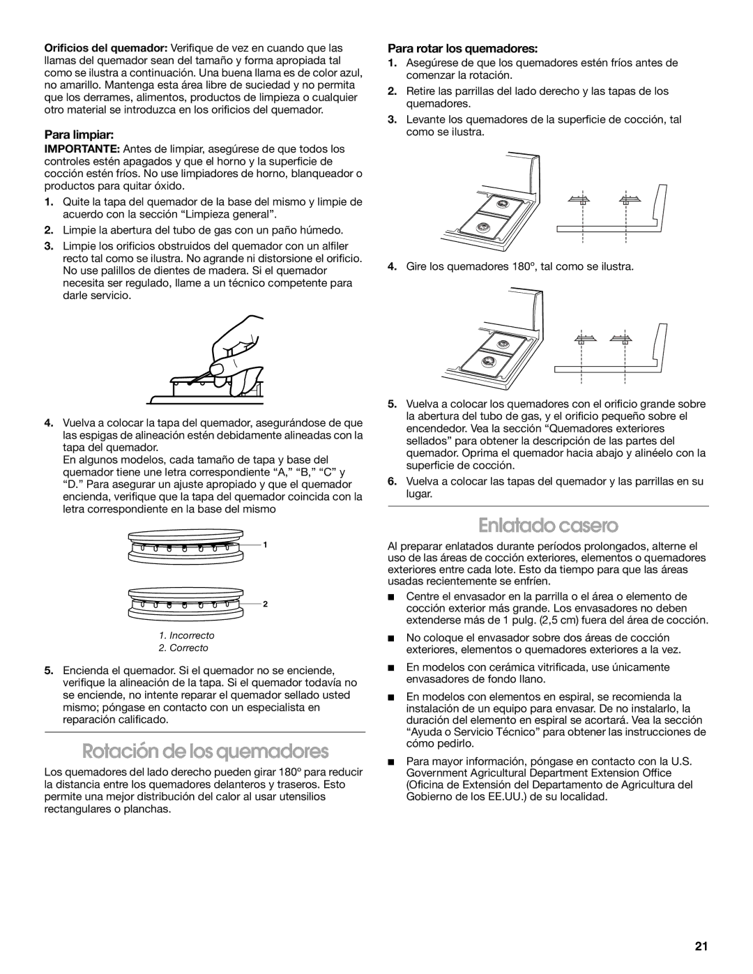 Whirlpool TGP325MQ0 manual Rotación de los quemadores, Enlatado casero, Para limpiar, Para rotar los quemadores 