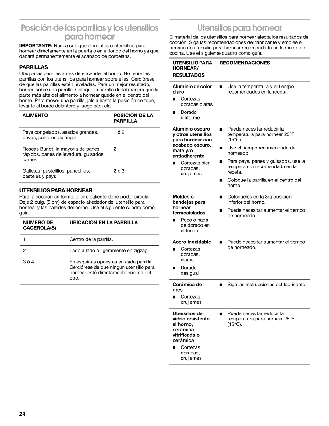 Whirlpool TGP325MQ0 manual Posición de las parrillas y los utensilios Para hornear, Utensilios para hornear, Parrillas 