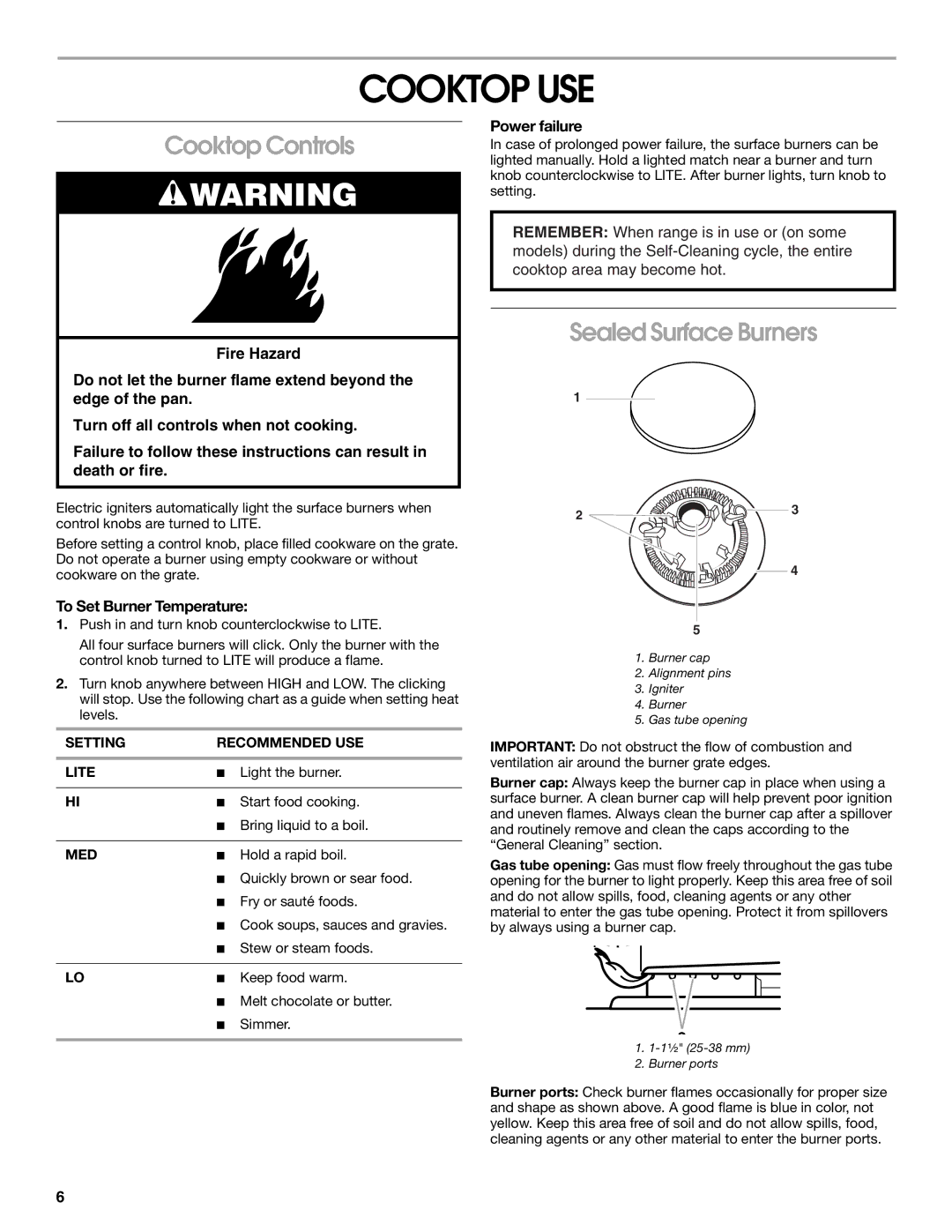 Whirlpool TGP325MQ0 manual Cooktop USE, Cooktop Controls, Sealed Surface Burners, To Set Burner Temperature, Power failure 