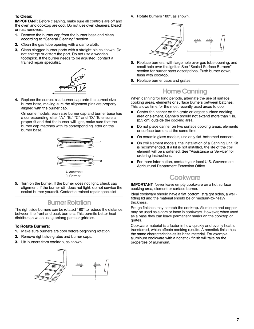 Whirlpool TGP325MQ0 manual Burner Rotation, Home Canning, Cookware, To Clean, To Rotate Burners 