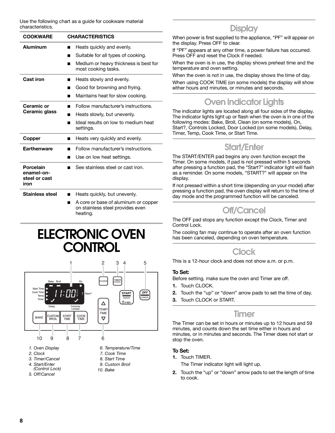 Whirlpool TGP325MQ0 manual Electronic Oven Control 