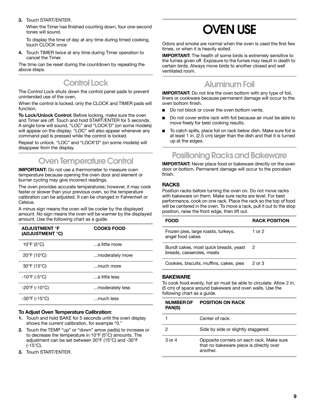 Whirlpool TGP325MQ0 manual Oven USE, Control Lock, Oven Temperature Control, Aluminum Foil, Positioning Racks and Bakeware 
