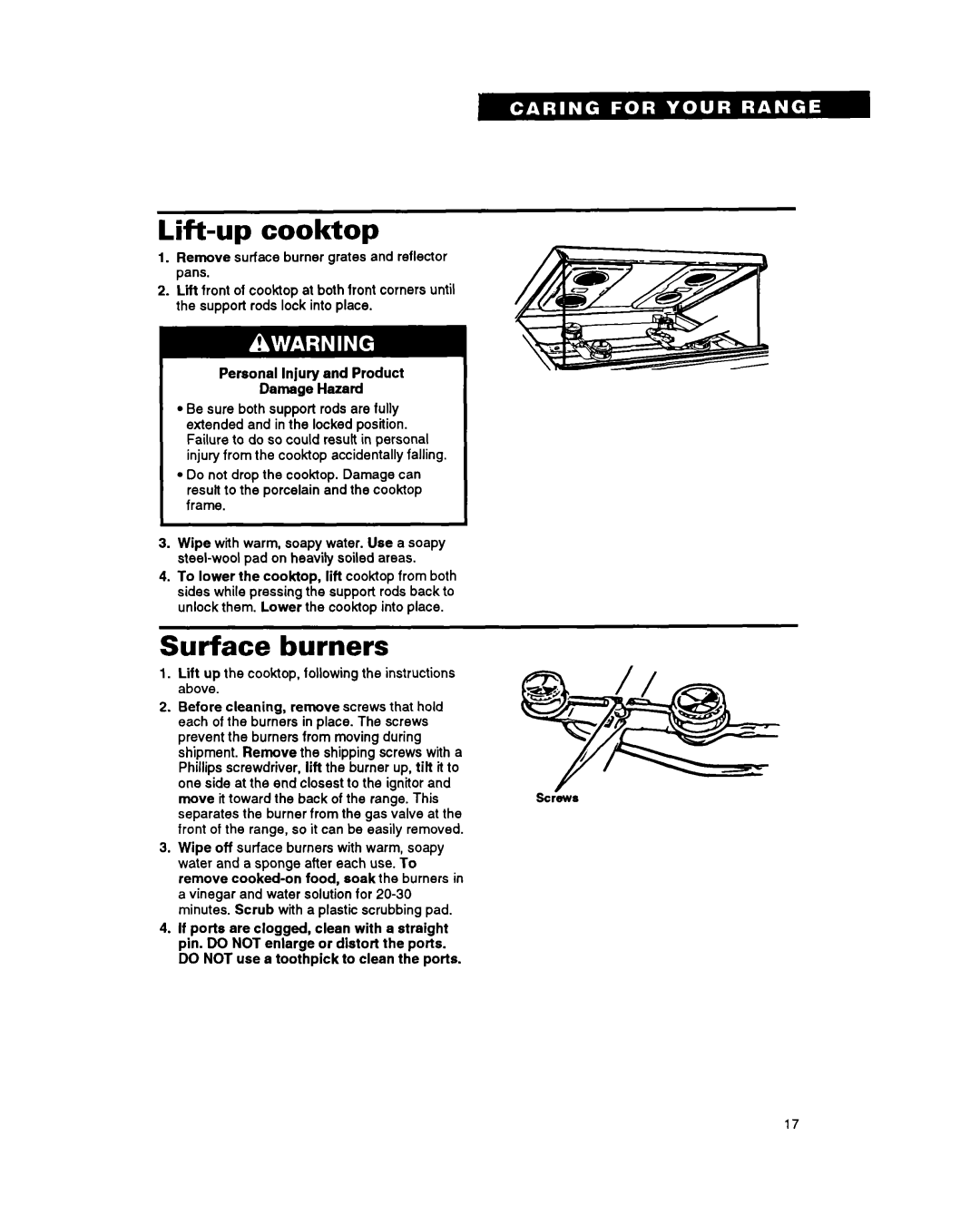 Whirlpool TGR51 warranty Lift-up cooktop, Surface burners, Personal Injury and Product Damage Hazard 