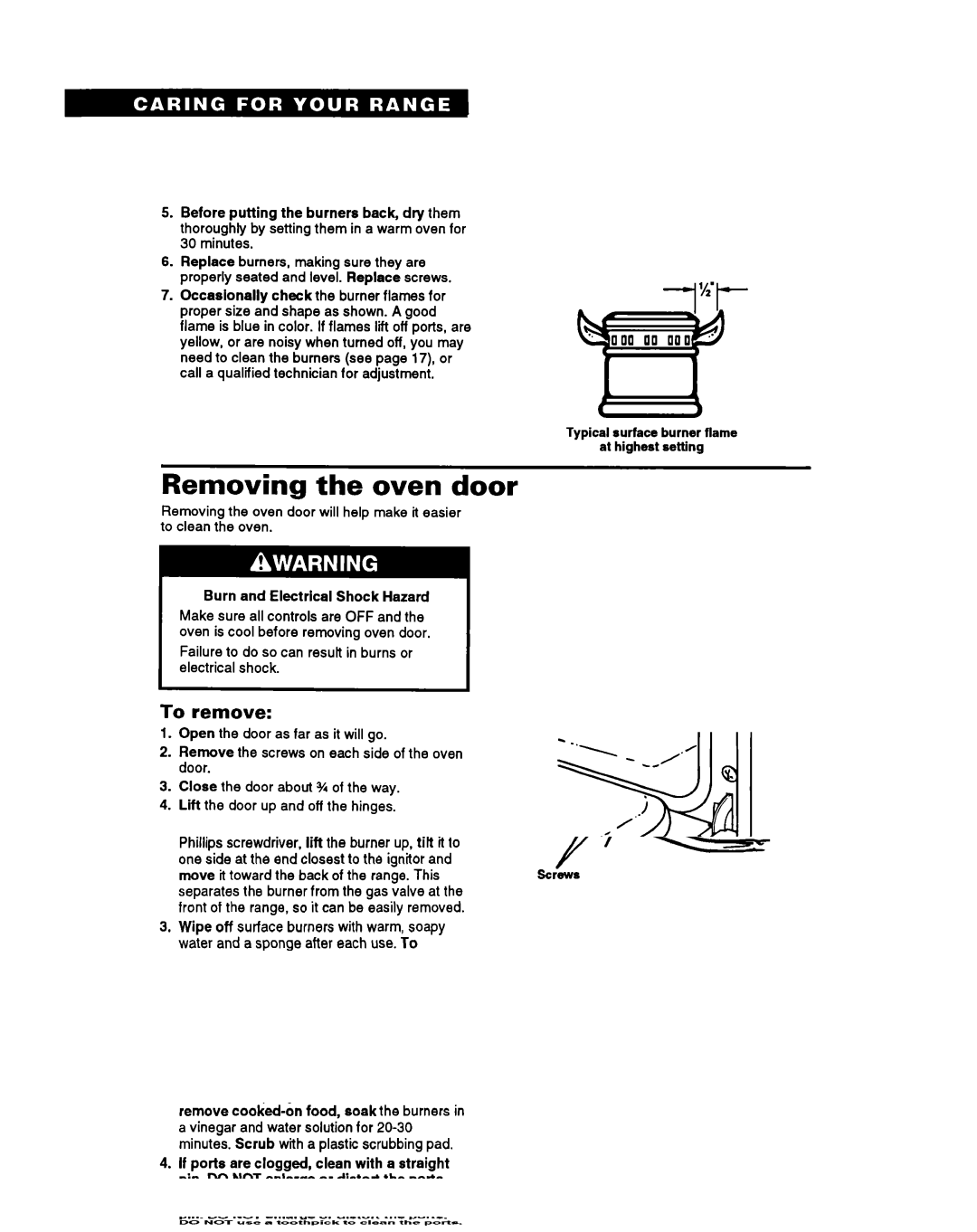 Whirlpool TGR51 warranty Removing the oven door, To remove, Burn and Electrical Shock Hazard 