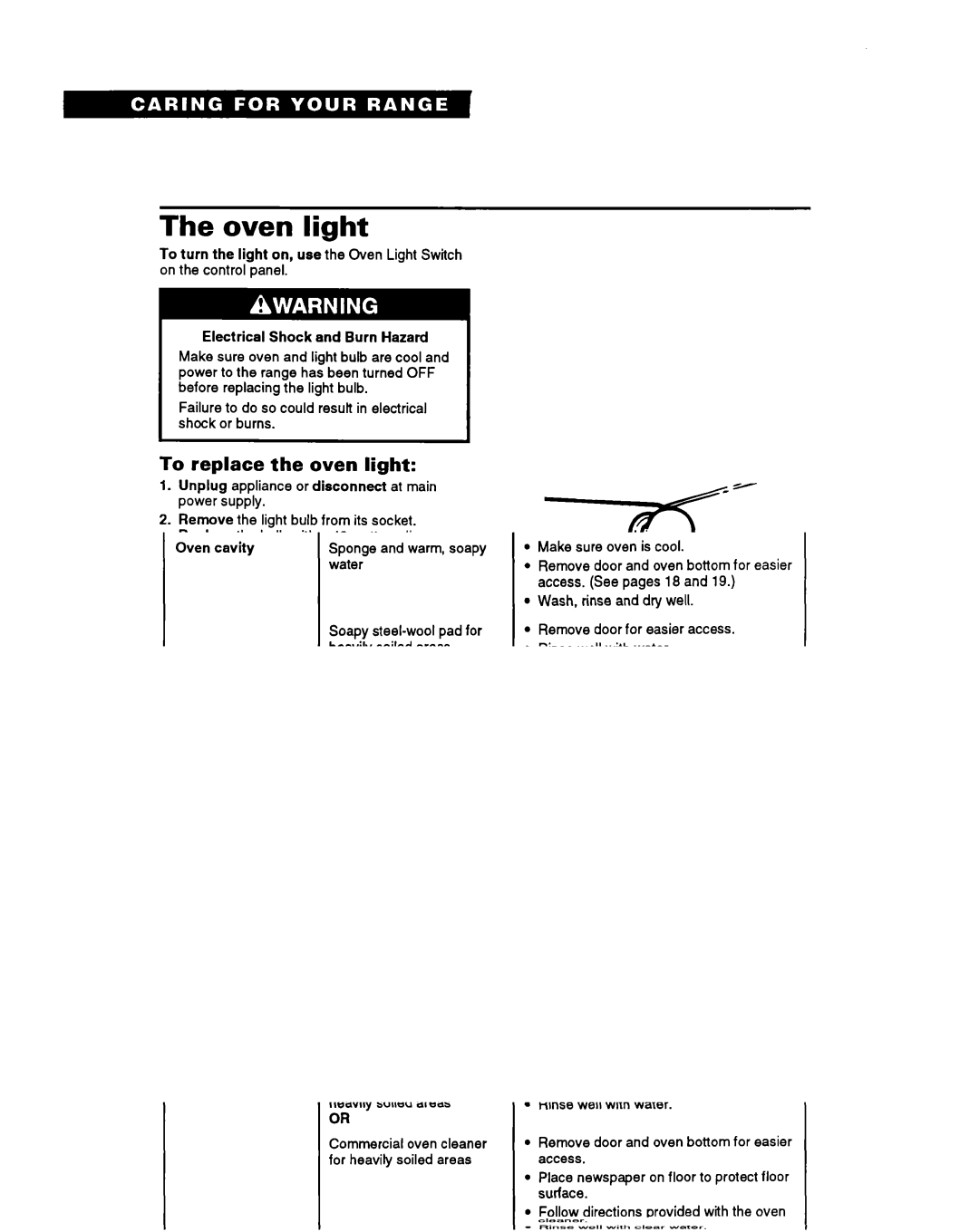 Whirlpool TGR51 warranty Oven light, To replace the oven light, Electrical Shock and Burn Hazard 