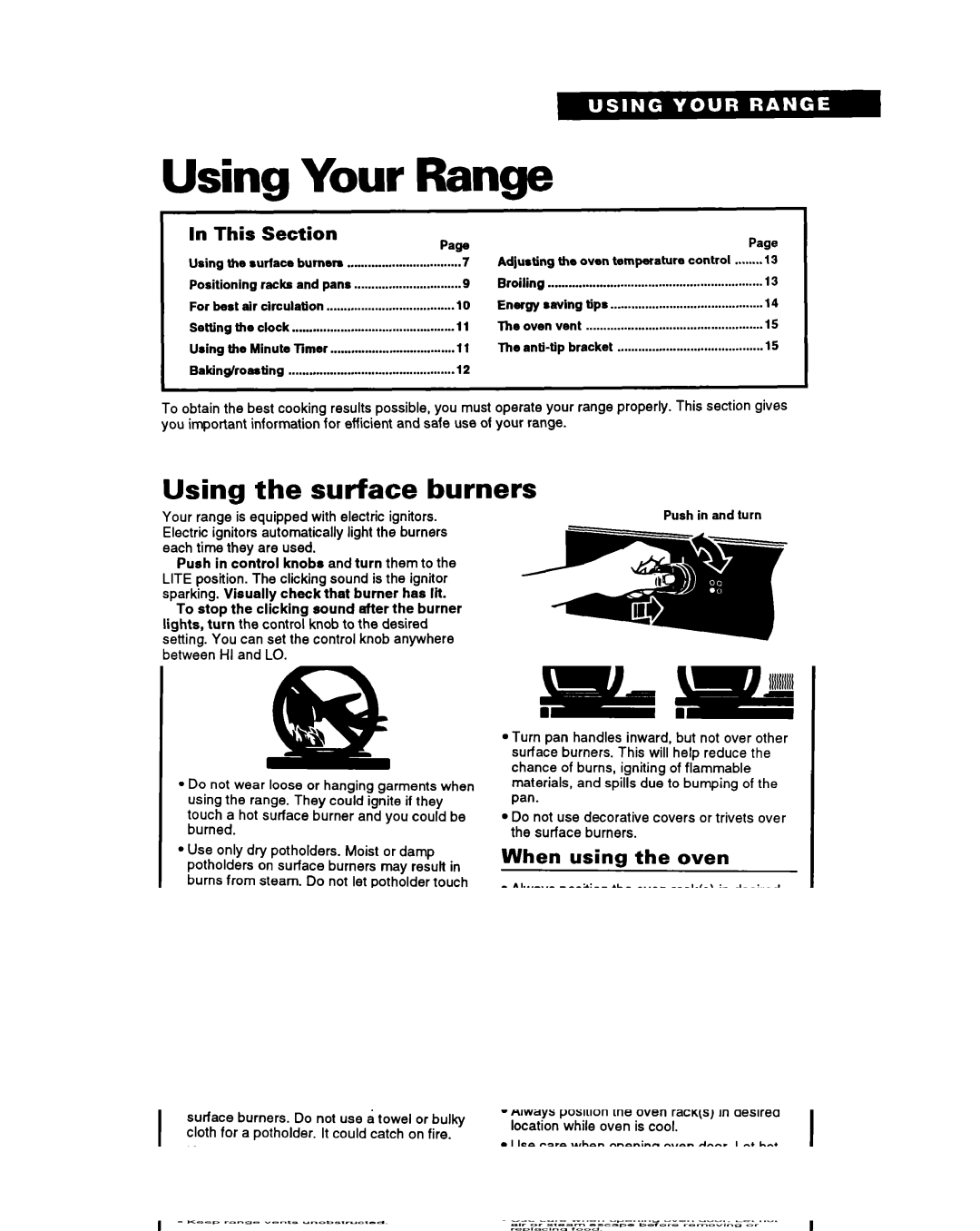 Whirlpool TGR51 Using Your Range, Using the surface burners, This Section, Surface burner markers, Burner heat settings 