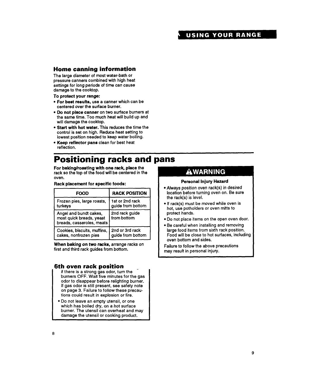 Whirlpool TGR51 warranty Positioning racks, Pans, Home canning information, 6th oven rack position Roasting rack 