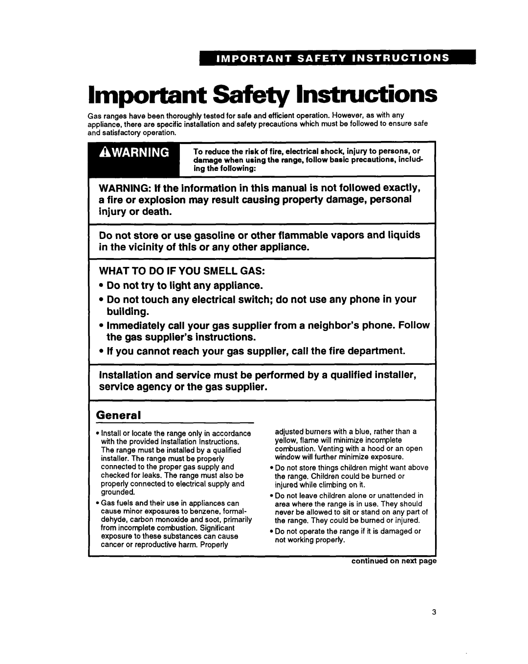Whirlpool TGR51 warranty Important safety Instructions, General 