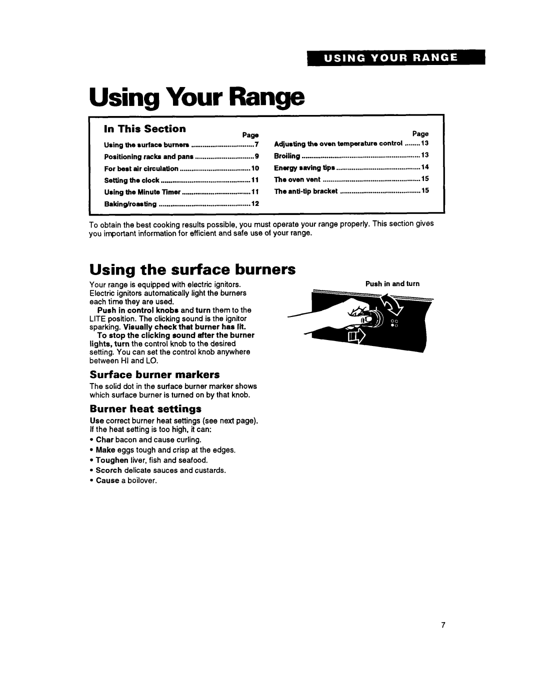 Whirlpool TGR51 Your, Range, Using the surface burners, This, Section, Surface burner markers, Burner heat settings 