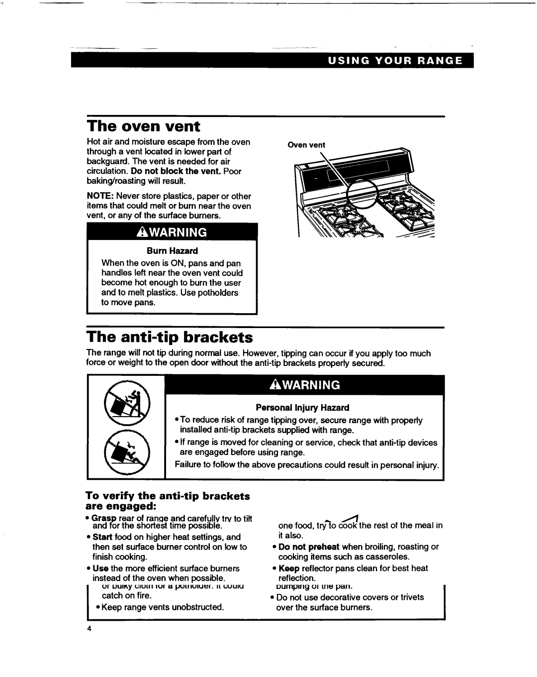 Whirlpool TGR51WO manual Oven vent, Anti-tip brackets, To verify the anti-tip brackets are engaged, Burn Hazard 