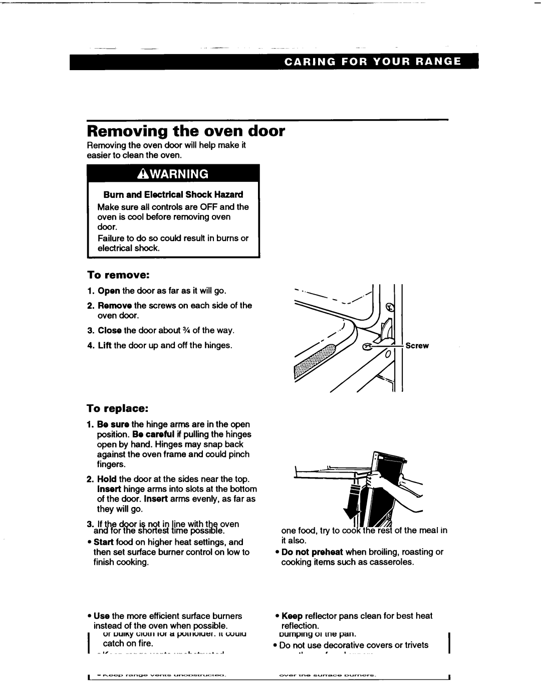 Whirlpool TGR51WO manual Removing the oven door, To remove, To replace, Bum and Electrical Shock Hazard 