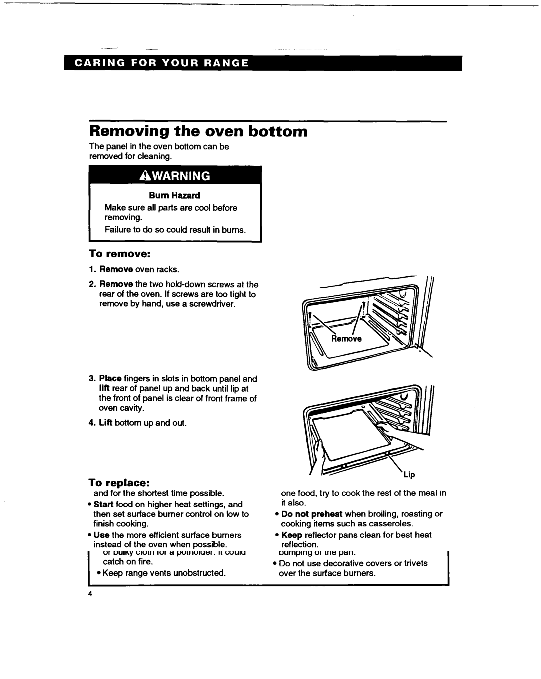 Whirlpool TGR51WO manual Removing the oven bottom, Burn Hazard 