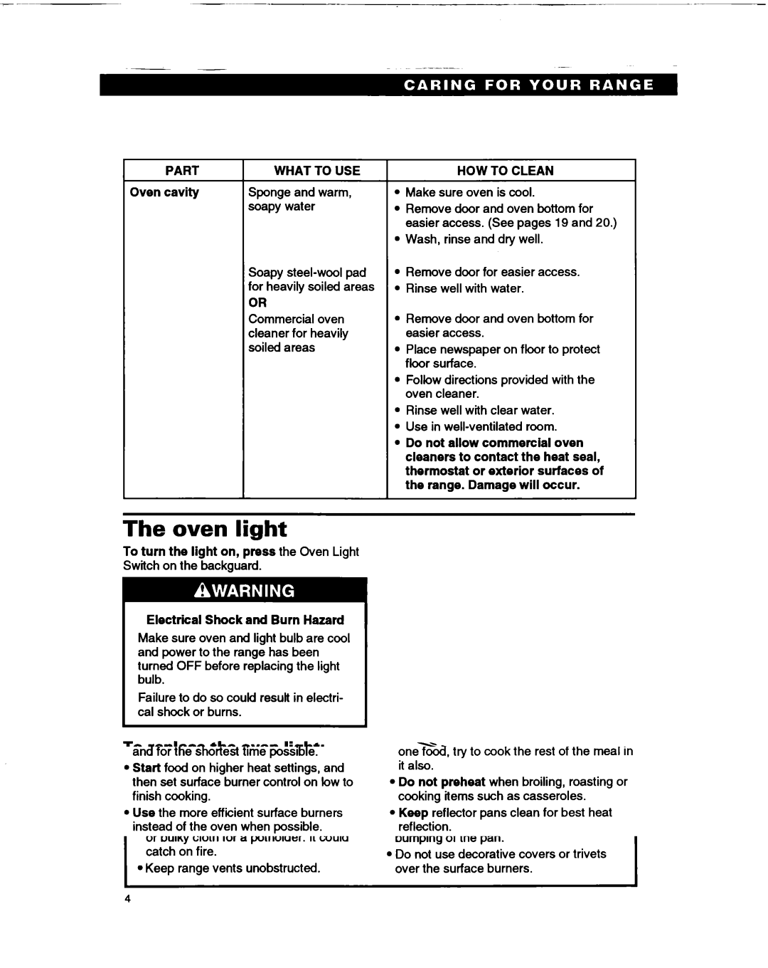 Whirlpool TGR51WO manual Oven light, To replace the oven light, Oven cavity, Electrical Shock and Burn Hazard 