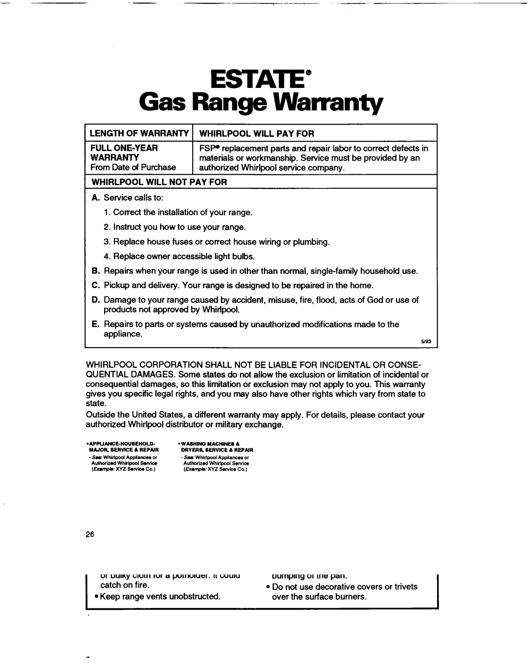 Whirlpool TGR51WO manual Gas Range Warranty, Part no /4372207 Rev. a 