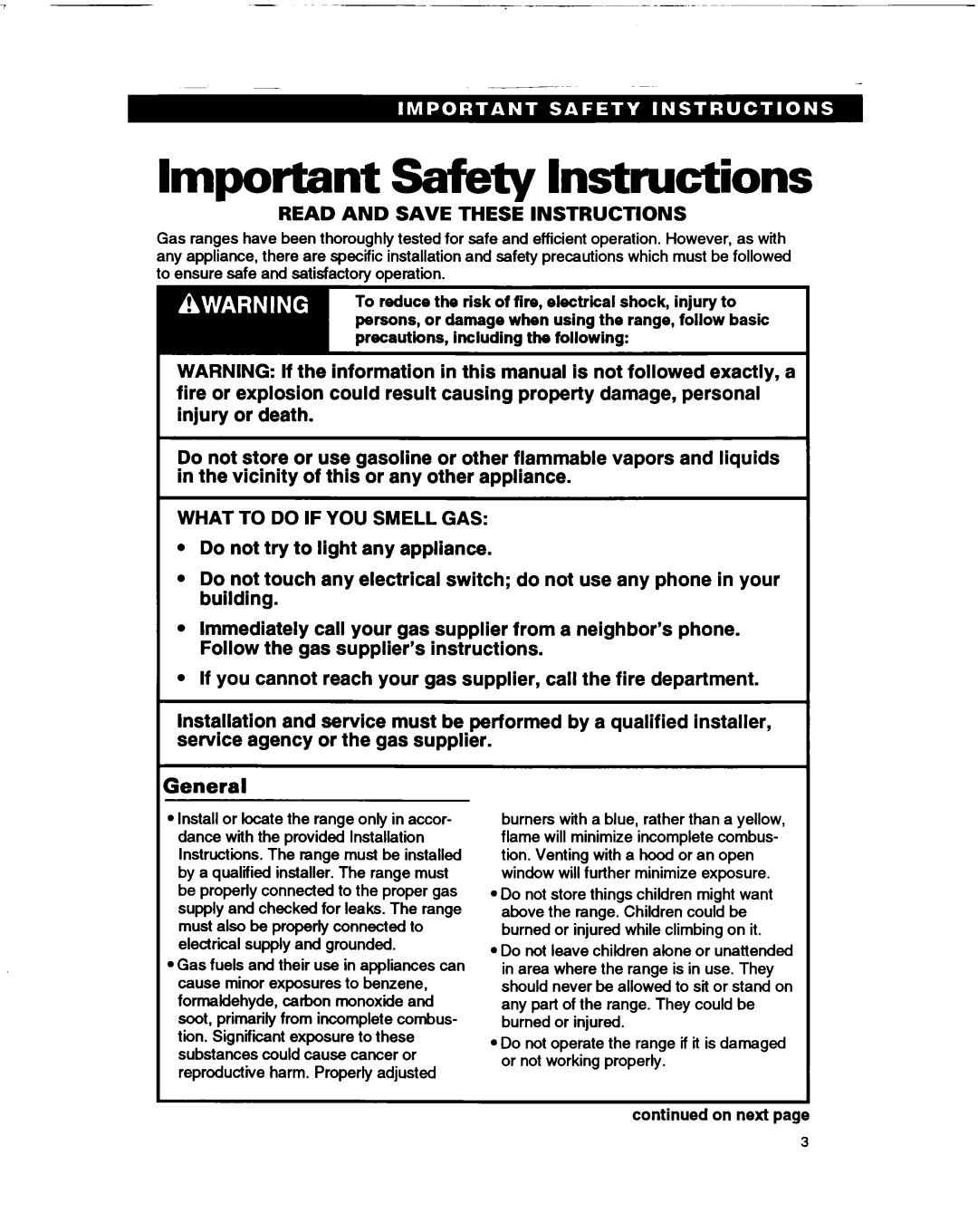 Whirlpool TGR51WO manual Important Safety Instructions, On next 