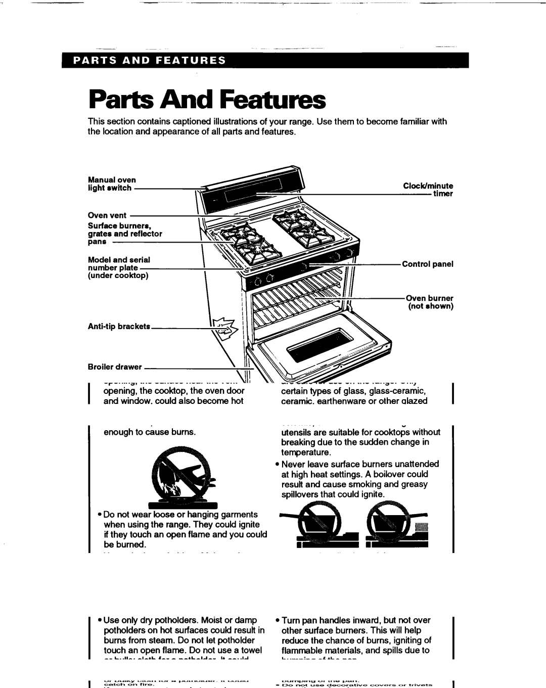 Whirlpool TGR51WO manual Parts And Features, Control panel 