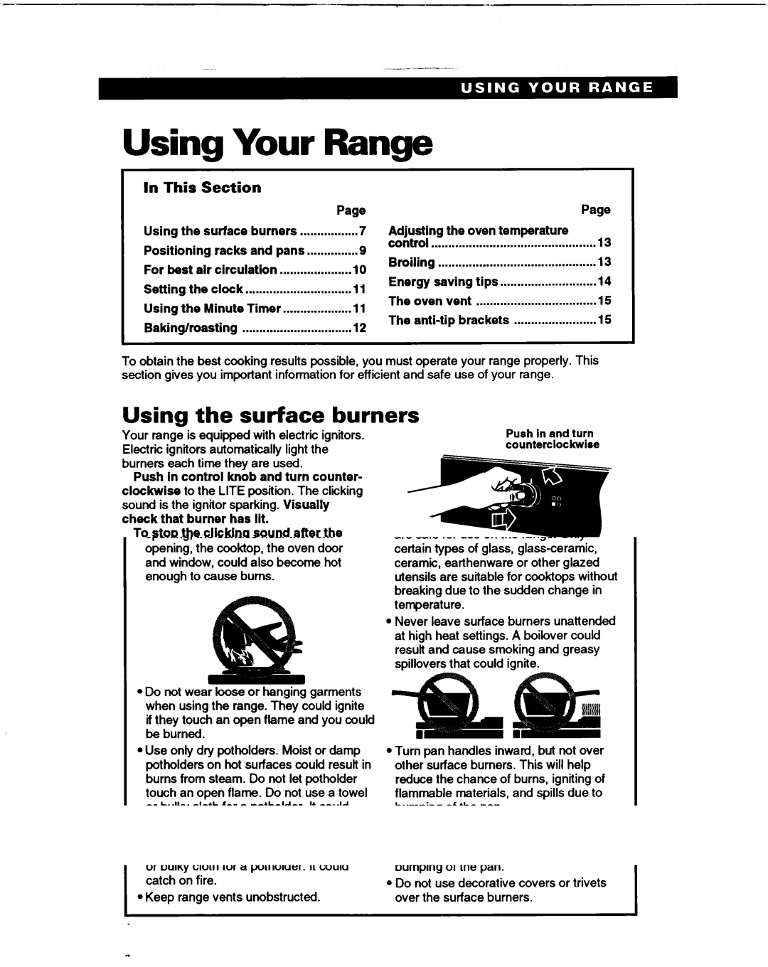 Whirlpool TGR51WO manual Your Range, Using the surface burners, This Section, Surface burner markers, Burner heat settings 